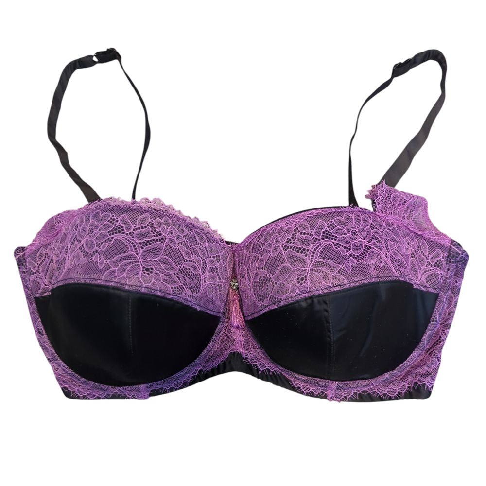 PARFAIT by Affinitas Bra Black Purple Lace Scalloped Fringe Tassel 38F NEW